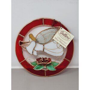 Vintage Christmas/Holiday Round 3-D Stained‎ Glass Trumpeting Angel With Rose